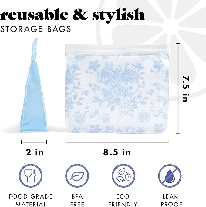 Fit & Fresh Reusable Sandwich Bags (3 Pack) – Leakproof Reusable Food Storage Bags, BPA-Free, Freezer Safe, Eco Friendly Bags for Snacks, Lunch, Meal Prep, Blue Floral Toile