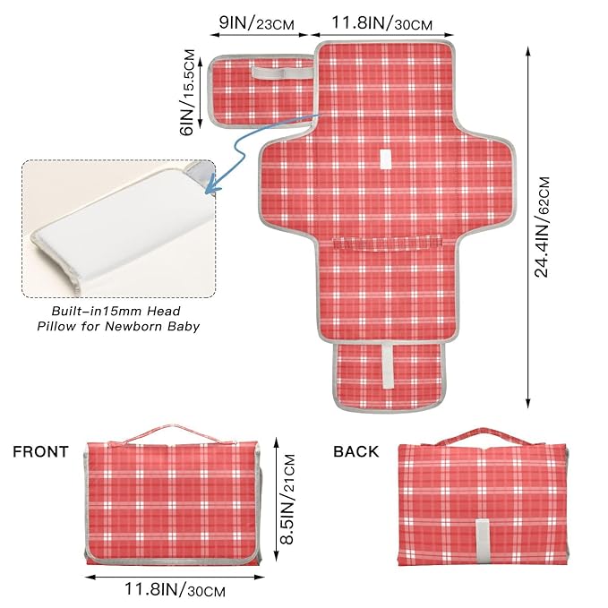 Portable Diaper Changing Pad Travel Baby Changing Mat Waterproof Diaper Changing Mat Foldable Lightweight Baby Changer with Built-in Pillow Checkered Plaid Red