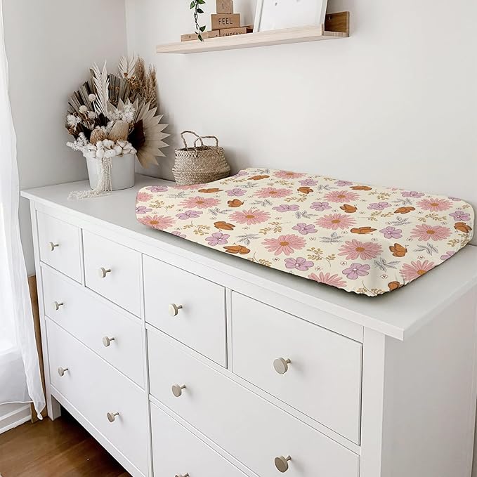 Vintage Flowers Butterflies Baby Changing Pad Covers for Boy Girl 32''x16'' Retro Boho Floral Leaves Fitted Changing Table Sheets Spring Wild Plants Soft Breathable Nursery Diaper Change Table Mats