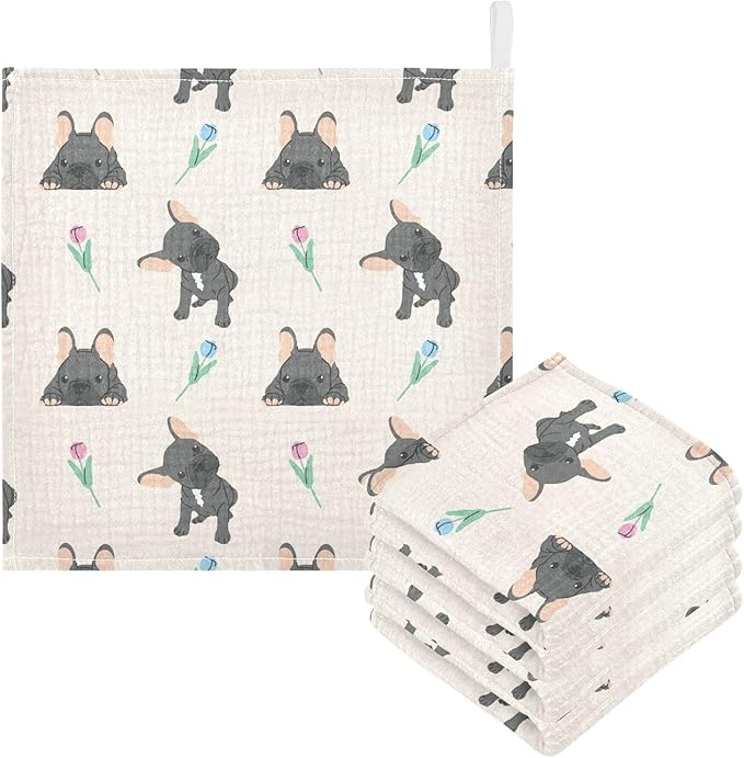 vvfelixl Baby Cotton Washcloths Black French Bulldog Infants Bath Towel for Unisex Face Towels for Newborn, Natural Baby Wipes Delicate Skin, 11.8 X 11.8 inch, one sizex3