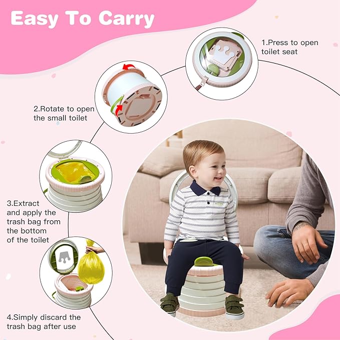 Portable Potty Chair for Toddlers with Splash-Proof Design, Foldable Travel Potty with Bag & 30 Refills - Kids Toilet for Car, Camping, Indoor - Easy Clean Baby Potty Training Seat (White-Pink)