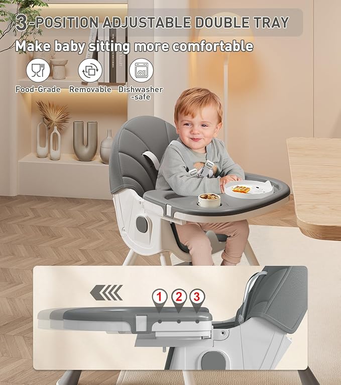 Baby High Chair, 5 in 1 High Chairs for Babies and Toddlers, Travel Foldable High Chair with Detachable PU Cushion, Double Removable Tray, Adjustable Height & Recline, Locking Wheels (Grey)