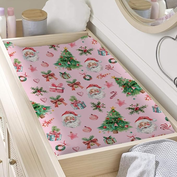 Vintage Pink Watercolor Santa Claus Baby Changing Pad Covers Retro Christmas Santa Trees Gift Candy Diaper Changing Table Sheets for Boy Girl Soft Stretchy Snug Fitted Change Table Mat 32''x16''