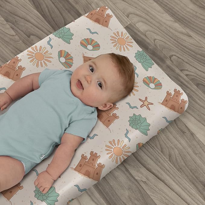 Boho Beach Summer Changing Pad Covers for Baby Girls Boys Retro Seaside Holiday Fitted Change Table Pad Covers Mats Sun Seashells Castle Soft Diaper Changing Pad Sheets for 32''×16'' Contoured Pad