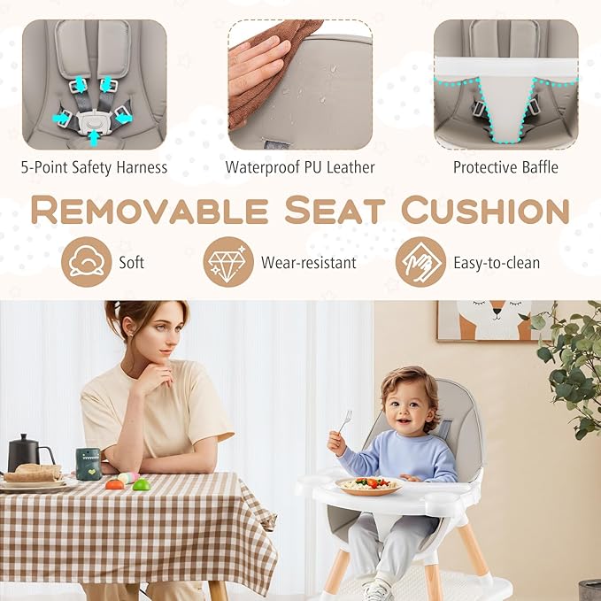 HONEY JOY Baby High Chair, 6-in-1 Convertible Wooden Highchair for Babies and Toddlers/Table Set/Toddler Chair with Safety Harness, 4-Position Removable Feeding Tray (Gray)