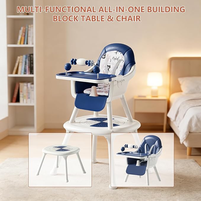 Convertible 4-in-1 Baby High Chair with Block Table, Infant to Toddler Feeding Chair with Play Tray & Built-in Toys, Removable PU Cushion, Easy to Clean Dining & Activity Chair–Blue