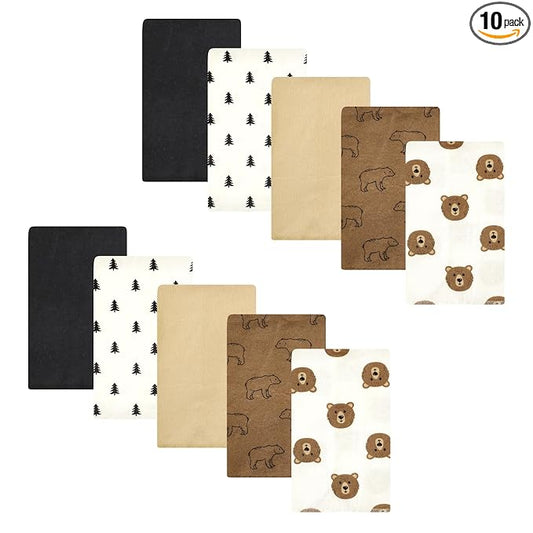 Hudson Baby Unisex Baby Cotton Flannel Burp Cloths, Brown Bear 10 Pack, One Size