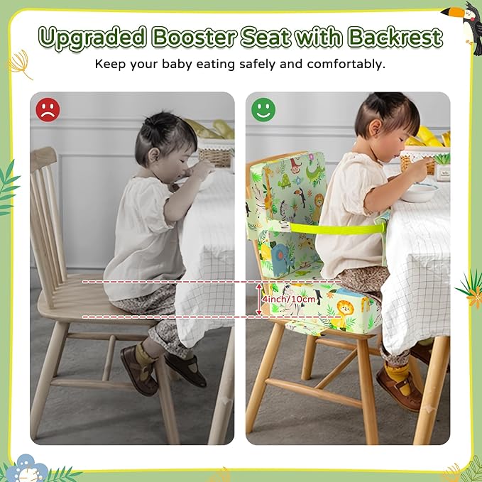 Booster Seat for Kitchen Chair with Backrest & 4 Adjustable Straps, Portable TPU Waterproof & Anti-Scratch Toddler Booster Seat for Dining Table, Removable & Non-Slip