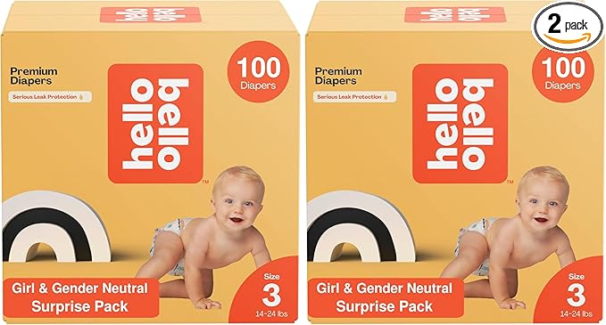 Hello Bello Premium Diapers, Size 3 (14-24 lbs) Surprise Pack for Girls - 100 Count, Hypoallergenic with Soft, Cloth-Like Feel - Assorted Girl & Gender Neutral Patterns (Pack of 2)