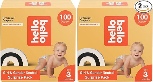 Hello Bello Premium Diapers, Size 3 (14-24 lbs) Surprise Pack for Girls - 100 Count, Hypoallergenic with Soft, Cloth-Like Feel - Assorted Girl & Gender Neutral Patterns (Pack of 2)
