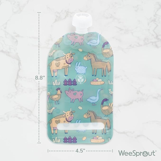 WeeSprout Double Zipper Reusable Food Pouches, Perfect for Babies & Toddlers, Freezer & Dishwasher Safe (Animals, 7 Fl Oz (Pack of 6) + Pouch Filler)