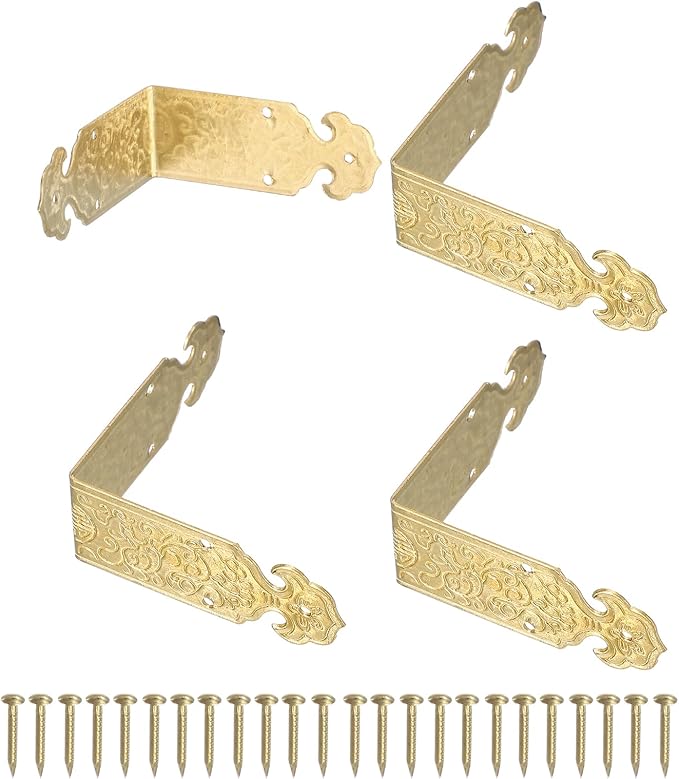 uxcell 4Pcs L Shaped Vintage Embossing Brass Decorative Corner 2 x 0.8 Inch Corner Protector with Mounting Nails Box Edge Guard Retro for Cabinets Furniture Decorative (Brass)