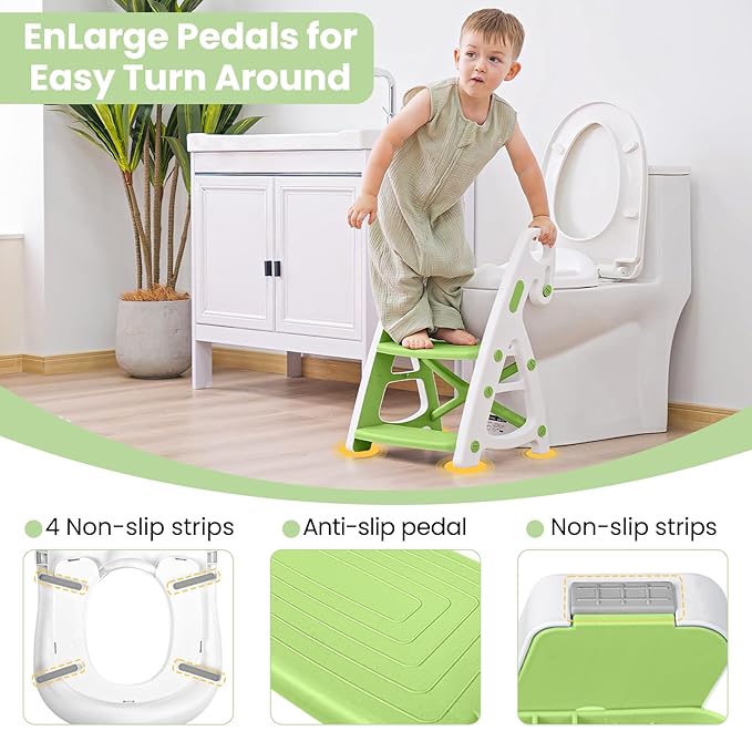 Potty Training Seat, Primlect Upgrade Ultra-Stable Toddler Toilet Seat for Kids Boys Girls, 2 in 1 Potty Training Toilet with Step Stool, Adjustable Seat and Ladder, Non-Slip Pad, Splash Guard (Green)