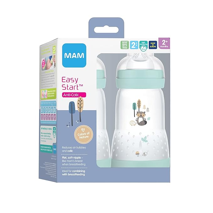 MAM Easy Start Anti-Colic Baby Bottles, Medium & Fast Flow Nipples, 9 oz (2 Count) & Mixed Flow Nipple 4 Pack for Newborns & Older