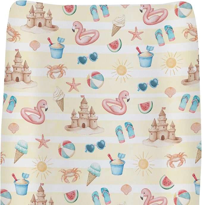 Summer Beach Seaside Changing Pad Covers for Baby Girls Boys Ice Cream Sand Flamingo Sun Fitted Change Table Pad Covers Mats Boho Travel Vacation Soft Diaper Changing Pad Sheets 32''×16''