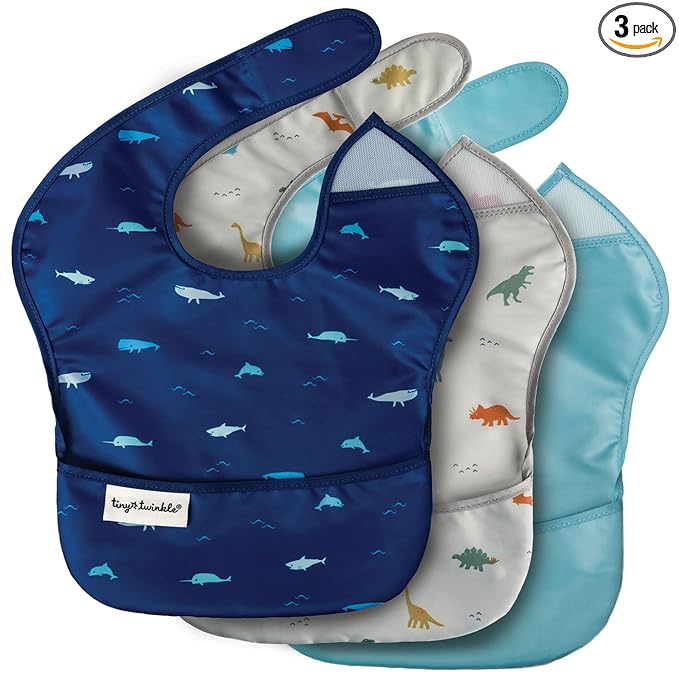 Tiny Twinkle Mess-Proof Baby Bibs for Eating | Waterproof, Wipeable Toddler Bibs with Catch-All Pocket | Feeding Bibs for Girls & Boys(3 Pack,Sea, Dino)