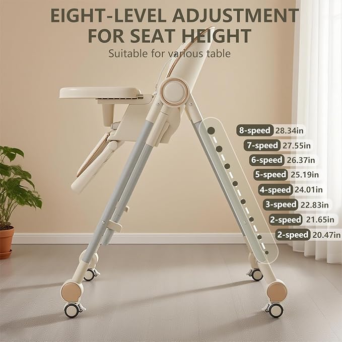 3-in-1 Foldable Baby High Chair with Locking Wheels – Adjustable Feeding Chair, Removable Tray, Detachable PU Cushion for Infants & Toddlers