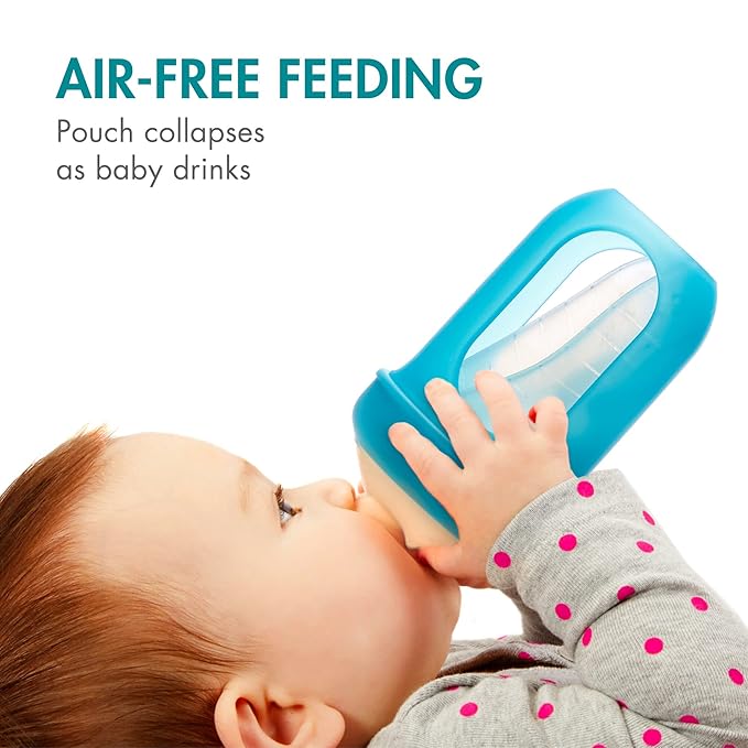 Boon NURSH Reusable Silicone Baby Bottles & NURSH Storage Buns (Pack of 3), Blue-White,3 Count (Pack of 1) & NURSH Reusable Silicone Replacement Pouch, 3 Months and up, 8 Ounce (Pack of 3)