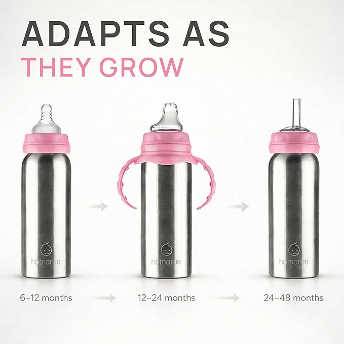 3-in-1 Stainless Steel Baby Bottle – Converts from Newborn Bottle to Sippy Cup to Straw Cup, Ages 0–4, Leak-Proof, 8 oz Pink