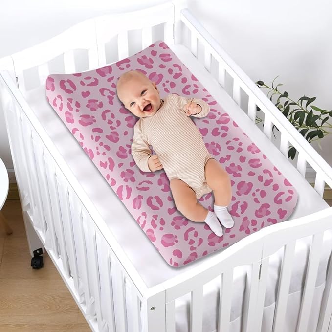 Pink Cow Print Nursery Sheets Comfortable Rectangle Unisex Fitted Baby Changing Pad Cover Sheets for Baby Boys or Girls
