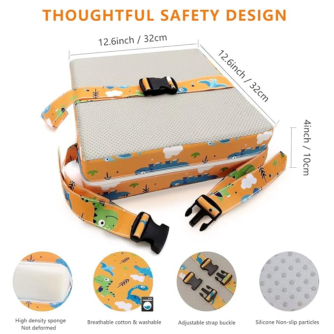 Toddler Booster Seat for Dining Table,4 Inches Washable Double Safer Straps Non-Slip Bottom Booster Seat Dining for Kids, Portable Travel High Density Sponge Detachable Increasing Cushion for Child.