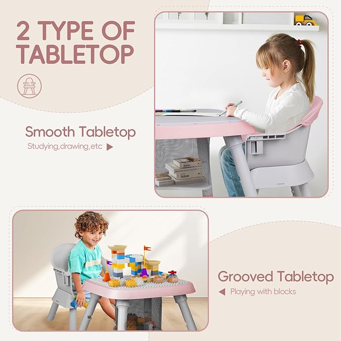 8-in-1 High Chair for Babies and Toddlers, Converts to Dining Booster Seat, Kids Table & Chair Set, Building Block Table, Kids Learning Table, Double Removable Tray, Pink