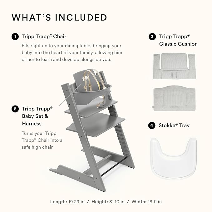 Stokke Tripp Trapp High Chair and Cushion with Tray - Storm Grey with Nordic Grey - Adjustable, Convertible, All-in-One High Chair for Babies & Toddlers