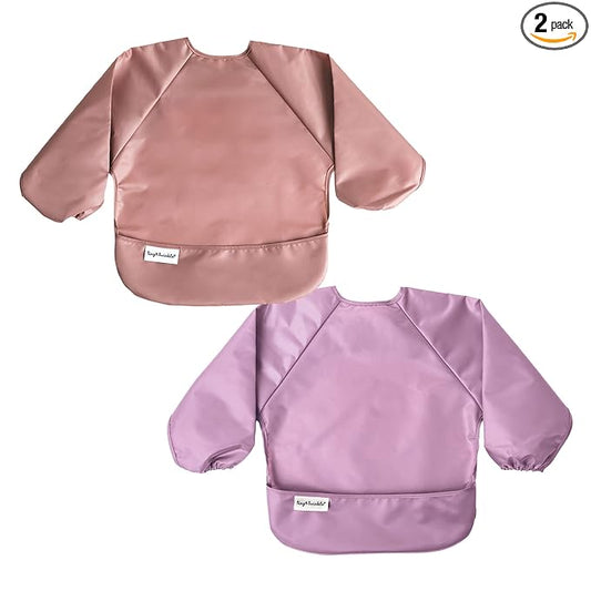 Tiny Twinkle Long Sleeve Bib for Babies & Toddlers | 2-Pack Waterproof Smock Bib for Eating | Machine Washable & Mess-Proof Feeding Essentials | Newborn Shower Gift (Taupe Lilac,2-4Y)