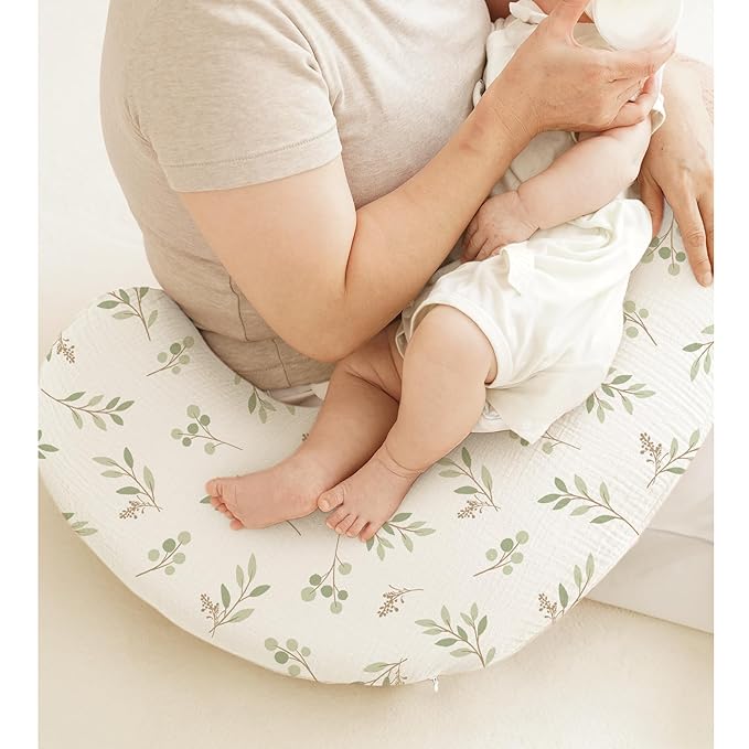 Muslin Nursing Pillow Covers, 2 Pack, Soft & Adorable Slipcovers with Zipper Closure, 100% Cotton Covers for Breastfeeding Pillows (Twig, Grayish Green)