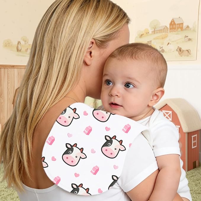 4 Pack Baby Burp Cloths for Girls, Soft Cotton, Pink Cow Print Design, Super Absorbent Baby Burping Cloths for Newborns, Machine Washable and Reusable Baby Spit-Up Cloths