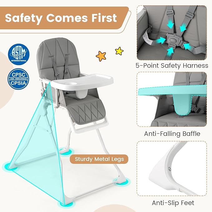 HONEY JOY High Chair, Foldable Baby Feeding Chair, Adjustable Tray & Footrest, Removable Easy-to-Clean PU Seat Cushion, 5-Point Harness, Cup Holder, Highchairs for Babies and Toddlers (Gray)