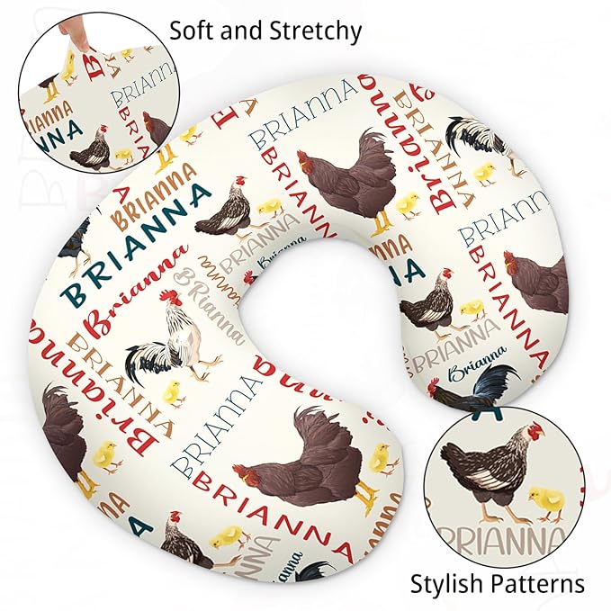 Baby Nursing Pillow Cover - Personalized Name Breastfeeding Pillow Cover with Chicken Pattern, Stretchy Removable U-Shaped for New Moms, Soft Breathable Slipcover for Infant Boys Girls