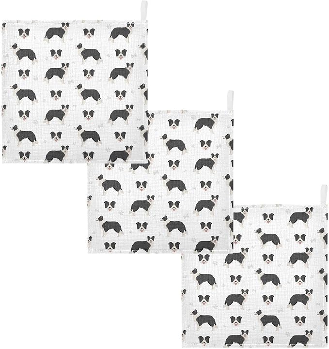 vvfelixl Baby Cotton Washcloths Border Collie Black Infants Bath Towel for Unisex Face Towels for Newborn, Natural Baby Wipes Delicate Skin, 11.8 X 11.8 inch, one sizex3