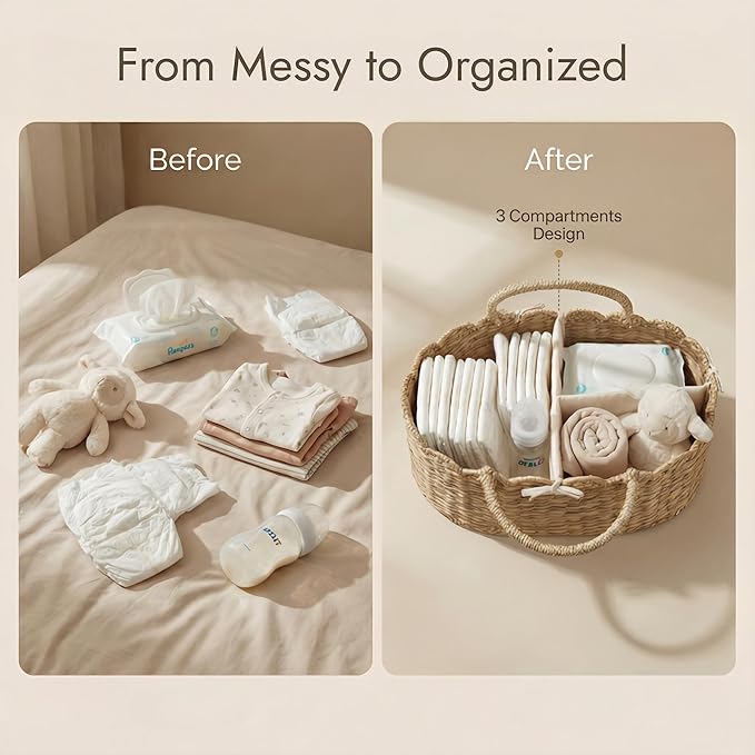 YANGQIHOME Diaper Caddy Organizer, Seagrass Nursery Baby Basket for Baby Essentials, Scalloped Wicker Diaper Caddy, Baby Shower Gifts (MeadowNest)