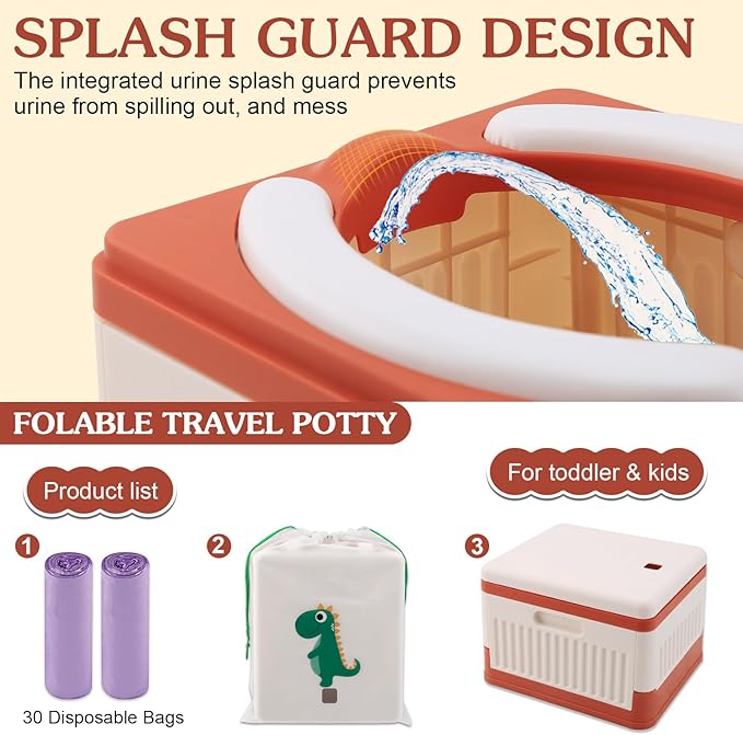 Fabulas Portable Potty for Toddler Travel, Foldable Travel Potty Training Toilet Seat for Kids Boys Girls, Emergency Mobile Toilet In Car for Camping Outdoor Indoor, with 30 Disposable Bags, Orange