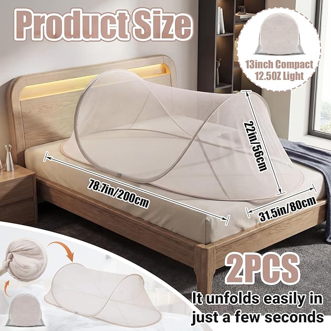 2 Pcs Large Pop up Mosquito Tent Portable Foldable Mosquito Bug Net for Bed Camping Travel Patio Outdoor 78 * 31 * 22 Inch Bug Netting Mesh Tent Canopy for Adults Bedroom, Brown