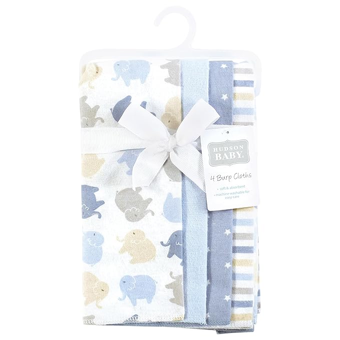 Hudson Baby Unisex Baby Cotton Flannel Burp Cloths 4-Pack, Multi Color Boy Elephant, One Size