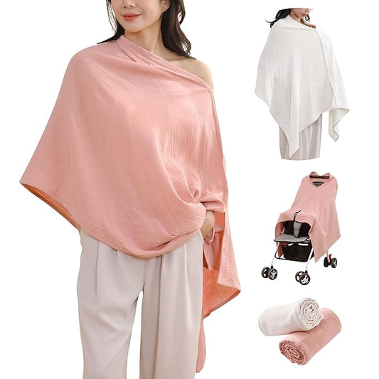 TADO MUSLIN 2-Pack Muslin Nursing Cover for Baby Breastfeeding, 100% Organic Cotton Breastfeeding Cover for Mom, Soft Breathable Privacy Nursing Apron, Multi-use Stroller Cover & Car Seat Canopy Pink