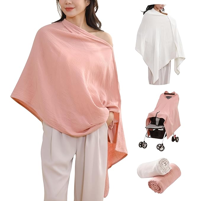 TADO MUSLIN 2-Pack Muslin Nursing Cover for Baby Breastfeeding, 100% Organic Cotton Breastfeeding Cover for Mom, Soft Breathable Privacy Nursing Apron, Multi-use Stroller Cover & Car Seat Canopy Pink