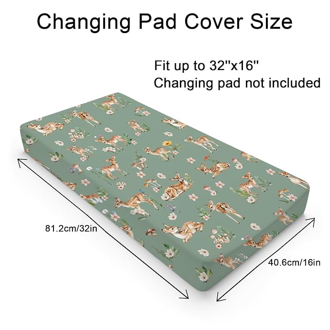 Spring Animal Changing Pad Cover Deer Mushroom Flowers Leaves Forest Baby Nursery Diaper Changing Pad Sheets for Boy Girl Soft Breathable Stretch Fitted Changing Table Sheets Mats 32''x16''