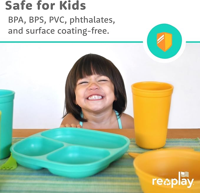 Re-Play Toddler Plates with Dividers - Deep-Walled 3 Compartments Divided Plates for Kids - Dishwasher & Microwave Safe - Made in USA - Set of 4-7.37" x 7.37" x 1.25" - Preschool