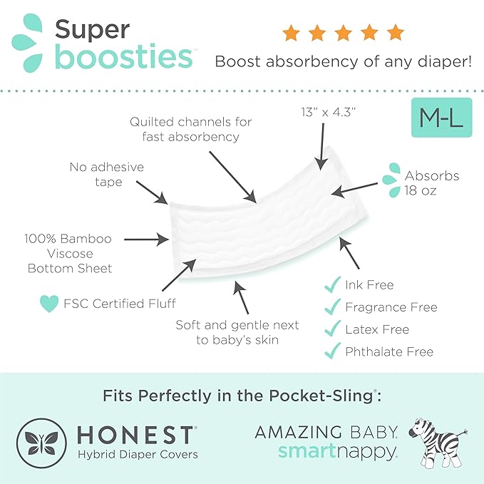 Overnight Diaper Leak Stopper, Super Boosties Disposable Inserts, Use with Pampers Sizes 4-6, Honest Hybrid Diaper Cover Sz Medium/Large, Amazing Baby Cover Sz 3/4, 4.3x13 in, 30 Count