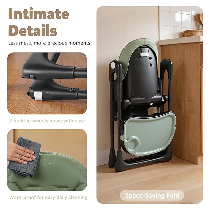 TODEFULL 3 in 1 Foldable Baby High Chair, Infant High Chairs for Babies and Toddlers, 6 Height & 5 Recline Adjustable Toddler Feeding Chair, 2 Tray Depth & 3 Footrest Angles, 2 Built-in Wheels, Green