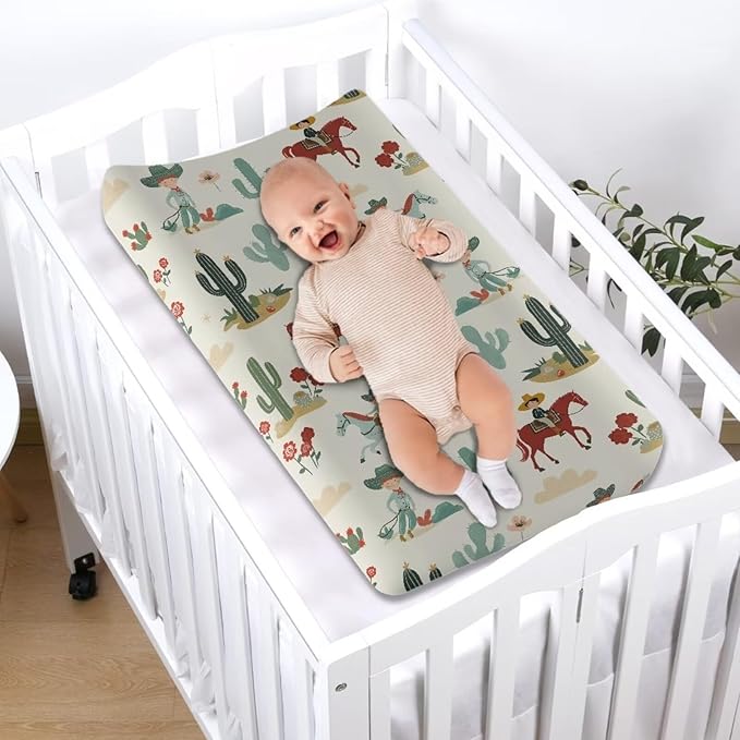ZDCUSTOM Changing Pad Cover Cradle Sheet Diaper Changing Table Mat Comfy Cozy Cradle Sheets Soft Changing Pad Sheets Fits 32"x16" Contoured Pad Western Cowboy Cactus