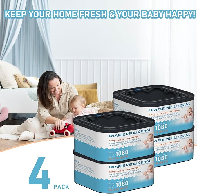Jumbo+ Square Refills Disposal Bags Refill Compatible with Diaper Genie Classic, Compact and Select Pails, Hold Up to 1080 Newborn-Sized Diapers Per Refill, 4 Pack