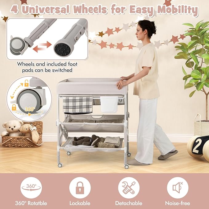HONEY JOY Changing Table, Foldable Baby Mobile Nursery Organizer w/Wheels, Adjustable Heights, Storage Bag & Shelves, Waterproof Diaper Changing Station Dresser, Portable for Newborn Infant (Beige)