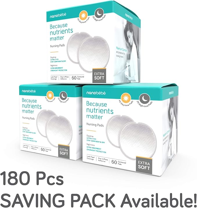 Nanobébé Disposable Nursing Pads Absorbent Breast Pads Day Ultra Thin, Day & Night, Contoured and Leakproof Breastfeeding Essentials (60 Count)
