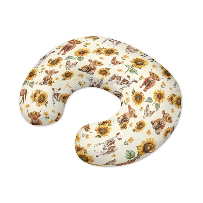 Highland Cow Sunflower Baby Nursing Pillow Cover, Removeable Breastfeeding Pillow Slipcover, Nursing Pillow Case for Newborn Boys Girls, Soft Fabric Fits Snug On Infant, Washable & Breathable