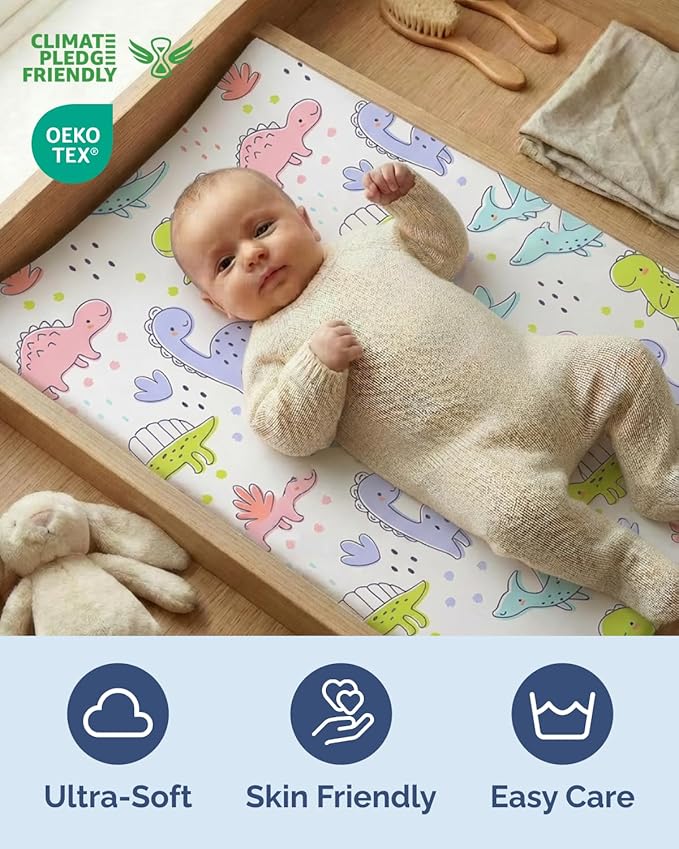 Changing Pad Cover - Pack of 2 Soft Unisex Diaper Change Microfiber Table Sheets - Fits 32"x16" Contoured Pad - Changing Pad Cover for Baby Boys and Girls - Snug, Machine Washable - Oeko-Tex, Dinos