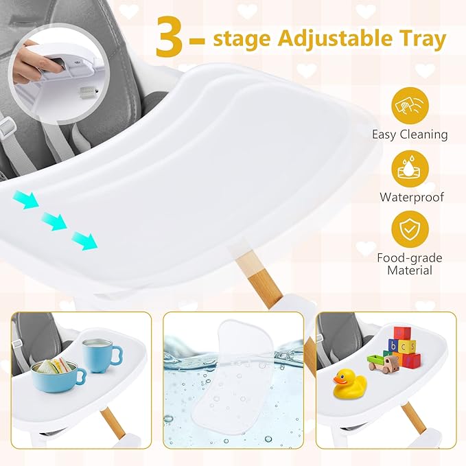 HONEY JOY High Chair, 3-in-1 Eat & Grow Highchair/Booster Seat/Toddler Chair w/Removable Tray, Safety Harness, Steel Legs, PU Cushion and Footrest for Baby, High Chair for Babies and Toddlers (Gray)